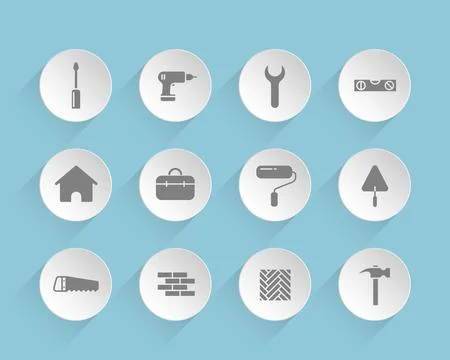Construction vector icons on round puffy paper circles Stock Illustration