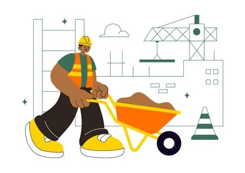 Construction Vector Illustration Featuring Workers, Cranes, Excavators, Dum.. Stock Illustration