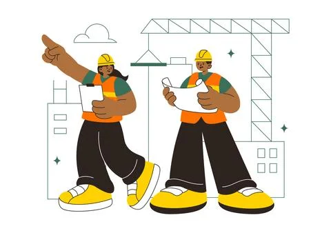 Construction Vector Illustration Featuring Workers, Cranes, Excavators, Dum.. Stock Illustration