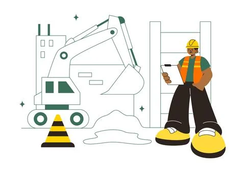 Construction Vector Illustration Featuring Workers, Cranes, Excavators, Dum.. Stock Illustration