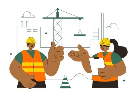 Construction Vector Illustration Featuring Workers, Cranes, Excavators, Dum.. Stock Illustration