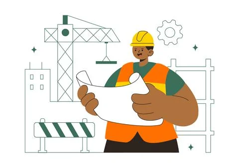 Construction Vector Illustration Featuring Workers, Cranes, Excavators, Dum.. Stock Illustration