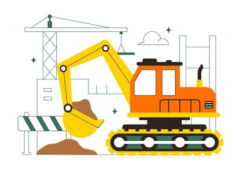 Construction Vector Illustration Featuring Workers, Cranes, Excavators, Dum.. Stock Illustration