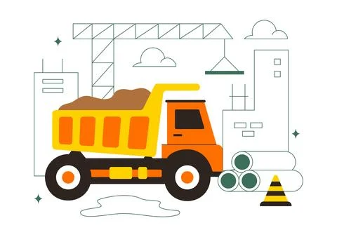 Construction Vector Illustration Featuring Workers, Cranes, Excavators, Dum.. Stock Illustration