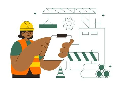 Construction Vector Illustration Featuring Workers, Cranes, Excavators, Dum.. Stock Illustration