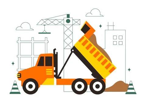 Construction Vector Illustration Featuring Workers, Cranes, Excavators, Dum.. Stock Illustration