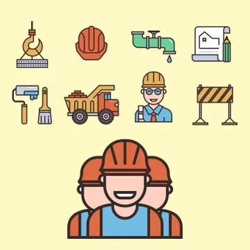 Construction vector linear icons universal building elements and worker 스톡 일러스트