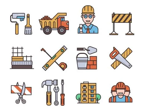 Construction vector linear icons universal building elements and worker Stock Illustration