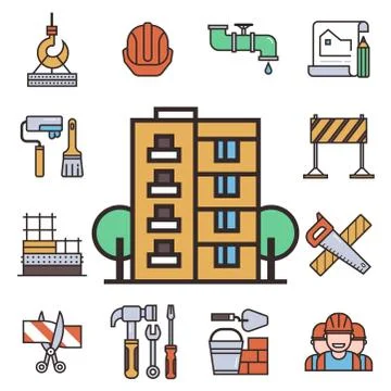 Construction vector linear icons universal building elements and worker Stock Illustration