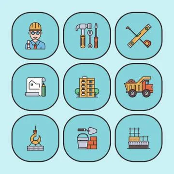 Construction vector linear icons universal building elements and worker Stock Illustration