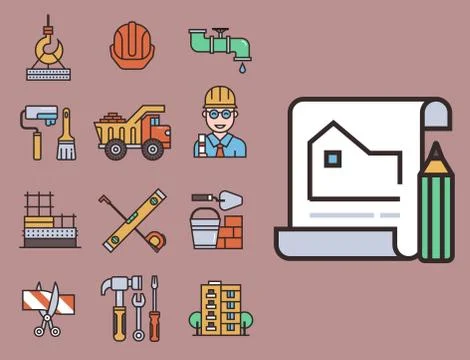 Construction vector linear icons universal building elements and worker Stock Illustration