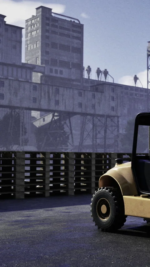 Construction vehicle at a building site with workers in the background Stock Footage 331681193