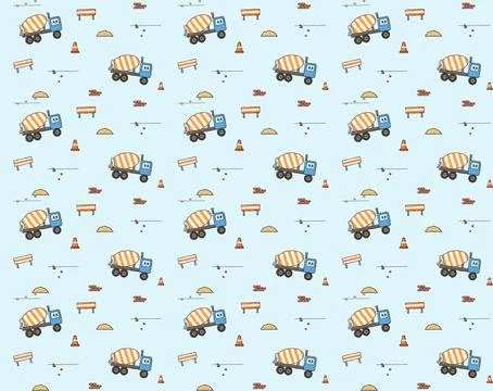 Construction vehicle pattern with cement mixer trucks on blue, playful desi.. Stock Illustration
