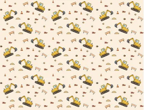 Construction vehicle pattern with excavators and barriers for kids design Stock Illustration