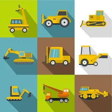 Construction vehicles icons set, flat style Stock Illustration