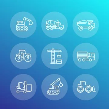 Construction vehicles line icons set, heavy machines, engineering equipment,  Illustrazione stock