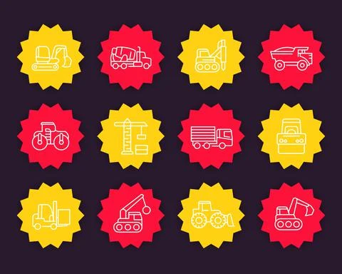 Construction vehicles line icons set, heavy machines, engineering equipment,  Illustrazione stock