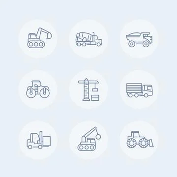 Construction vehicles line icons set, heavy machines, engineering equipment,  Illustrazione stock
