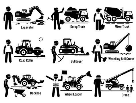 Construction Vehicles Transportation and Worker Set 스톡 일러스트