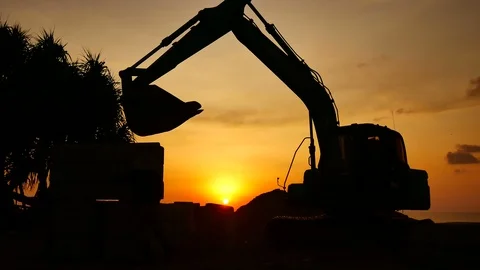 Construction Video At construction site close up The silhouette excavator is  Stock Footage 99130265