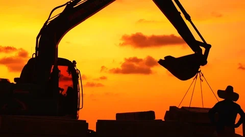 Construction Video At construction site close up The silhouette excavator is  Stock Footage 99130418