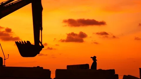 Construction Video At construction site close up The silhouette excavator is  Stock Footage 99130466