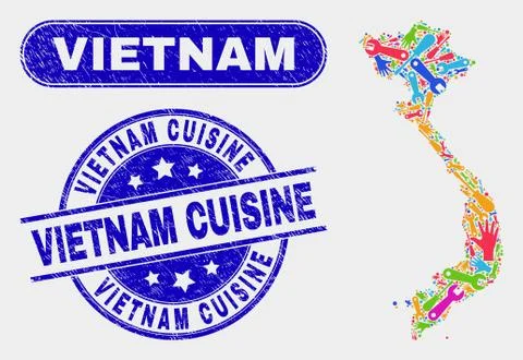 Construction Vietnam Map and Scratched Vietnam Cuisine Watermarks Stock Illustration