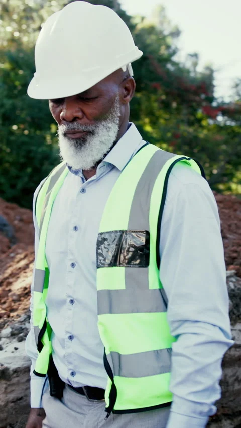 Construction, walk or black man on site with inspection, review or safety check Stock Footage 340451327