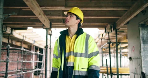 Construction, walk or man on site with evaluation, safety check or inspection in Stock Footage 337015840