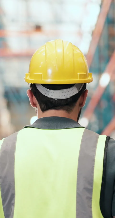 Construction, walking and back of man in warehouse for inventory, supply chain Stock Footage 328159936