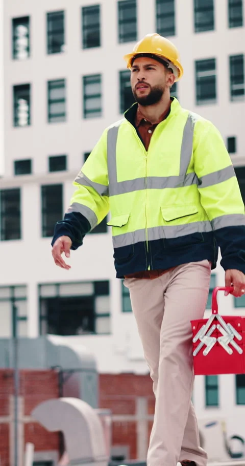 Construction, walking and man with toolbox on rooftop for building, installation Stock Footage 336623253
