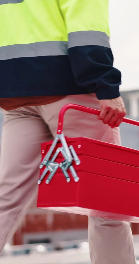 Construction, walking and man with toolbox in city for building, installation Stock Footage 336704801