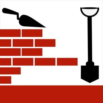 Construction of a wall or building. Bricks, shovel, cement. construction Stock Illustration