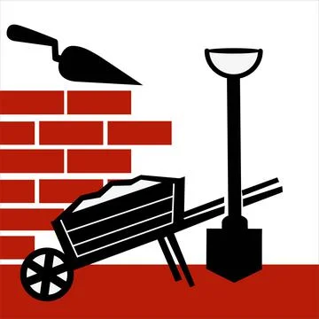 Construction of a wall or building. Bricks, shovel, cement. construction Stock Illustration