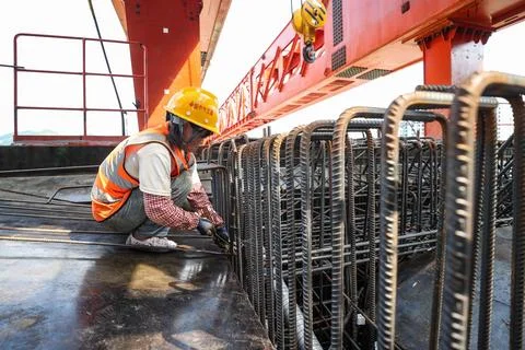 Construction of Wangmo River Bridge on Huangbai Railway in Full Swing Stock Photos