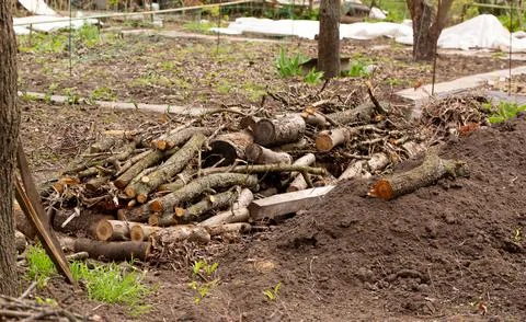 Construction of a warm bed according to permaculture principles with wooden.. Stock Photos