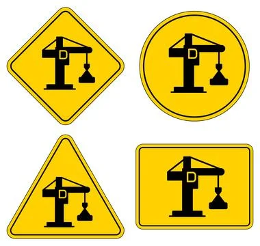 Construction Warning Signs Featuring Crane Icon on Yellow Background Stock Illustration