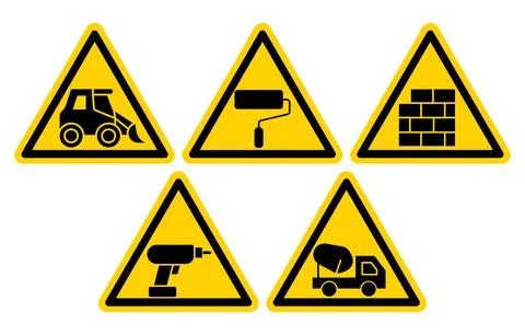 Construction Warning Signs Featuring Heavy Equipment and Tools in Triangle .. Stock Illustration