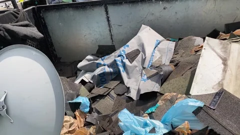 Construction Waste, Old Roofing Shingles In Roll Off Dumpster Trash Container Stock Footage 240572240