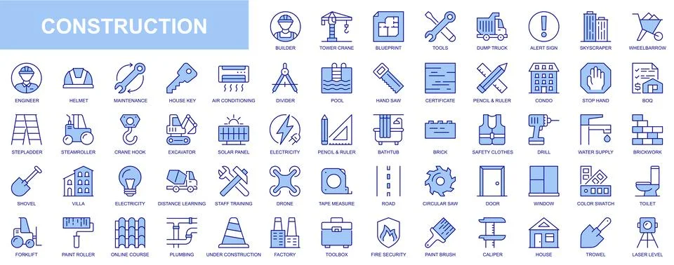 Construction web icons set in blue line design. Pack of builder, tower, blu.. Stock Illustration