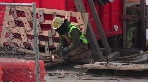 Construction Welder cutting steel. Stock Footage 59942489