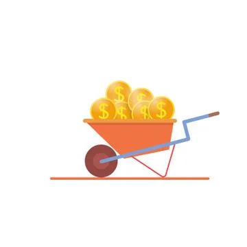 Construction wheelbarrow full of gold dollar coins  . Stock Illustration