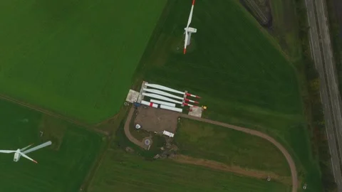 Construction of wind power infrastructure, aerial perspective Stock Footage 320246489