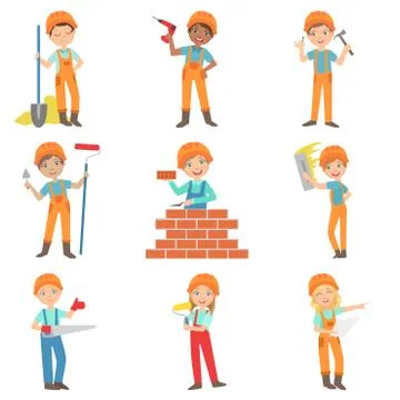Construction Work And Kids Builders Set Stock Illustration