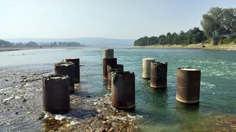 Construction work of bridge on beas river near nadaun city himachal pradesh.. Stock Photos