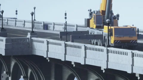 Construction work on a bridge with a crane and truck in the city Stock Footage 344405280
