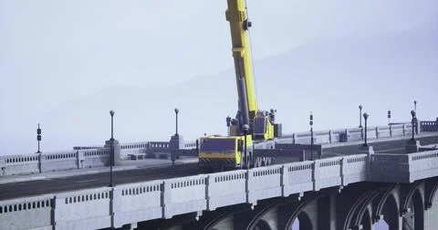 Construction work on a bridge featuring a crane at sunrise Stock Illustration