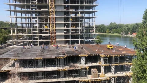 Construction work. Builders at the construction site. Working process at the Video stock 201890336