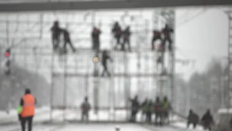 Construction work, builders on metal structure, blur Stock Footage 300866906