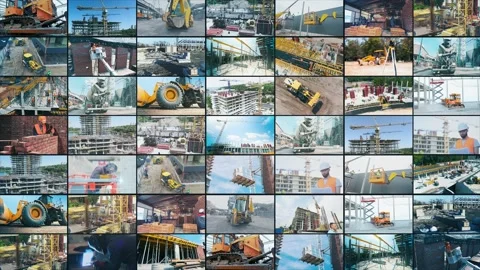 Construction work at the construction site collage. multiwindow video. Workers Stock Footage 222045800
